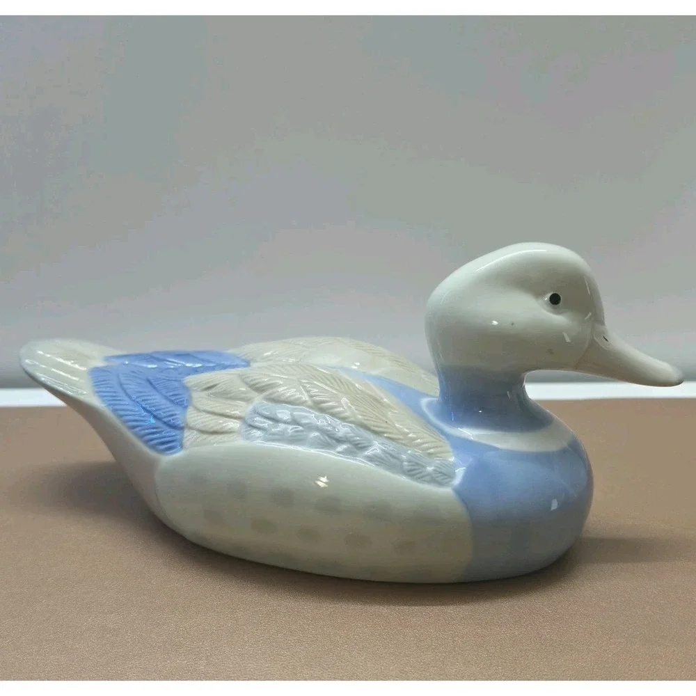 Rare Vintage Glazed Ceramic Blue & White Duck Waterfowl Figurine